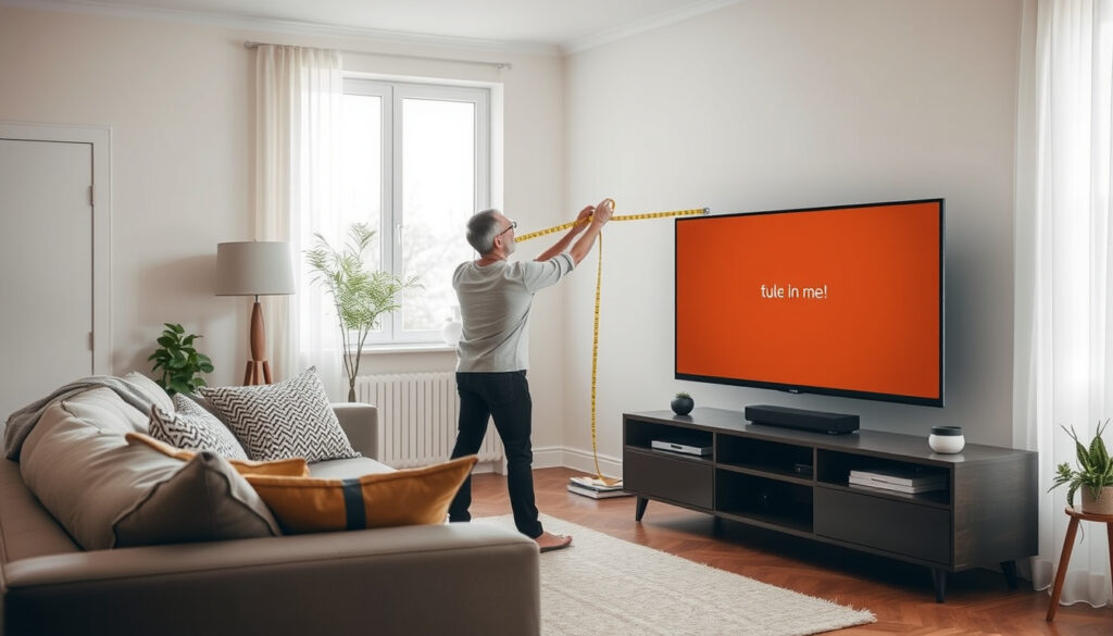 Isäntä mittaa olohuoneessa istumaväliä Suurikokoiseen televisioon, joka on jalustalla tv-tasolla.