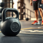 Raskas 32 kg:n valurautainen kahvakuula salin lattialla, kun harjoittelija valmistautuu nostamaan sen
