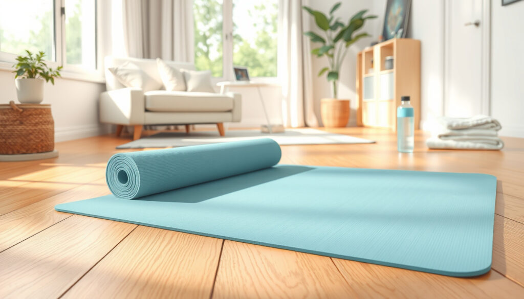 A unrolled yoga mat on a wooden floor in a bright home space, with a rolled mat and a carrying strap nearby.