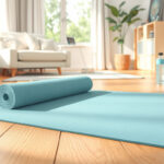A unrolled yoga mat on a wooden floor in a bright home space, with a rolled mat and a carrying strap nearby.