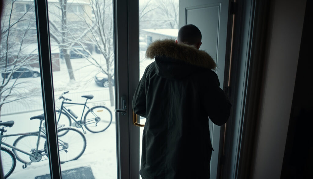 Talvinen kaupunkikatu, jossa henkilö pukee päälleen paksua pitkähelmaista talvitakkia ennen ulos lähtöä.