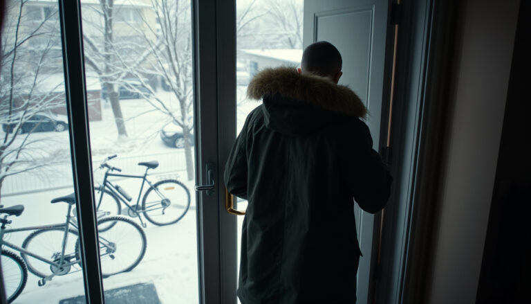 Talvinen kaupunkikatu, jossa henkilö pukee päälleen paksua pitkähelmaista talvitakkia ennen ulos lähtöä.