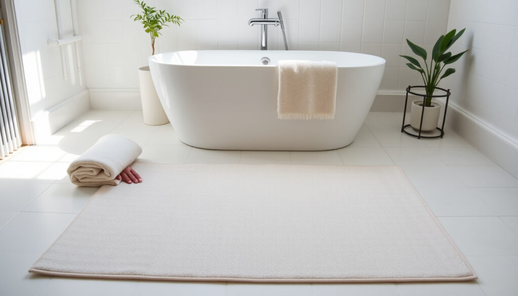 Pitkä 70 x 120 cm kylpyhuoneen matto ammeen edessä vaaleaa laatoitusta vasten, käsi oikomassa maton reunaa