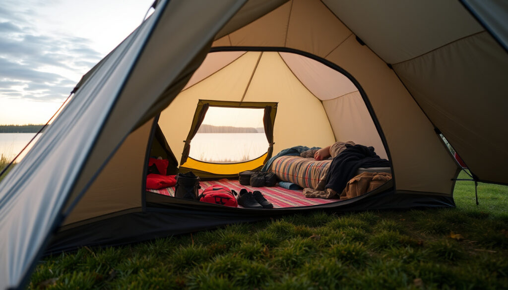 Tilava perheen camping-teltta eteisineen leirintäalueen nurmikolla järven rannassa kesäiltana