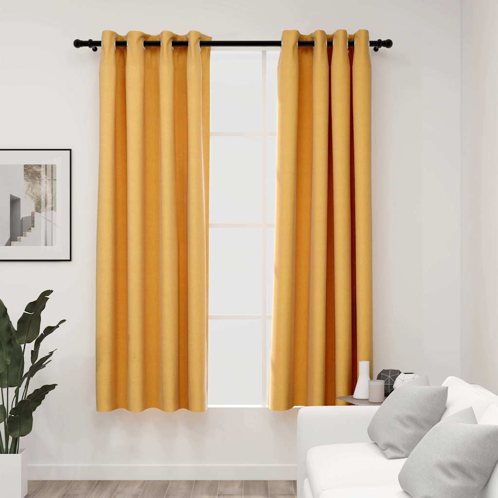 vidaXL Pellavamaiset pimennysverhot renkailla 2kpl keltainen 140x175cm